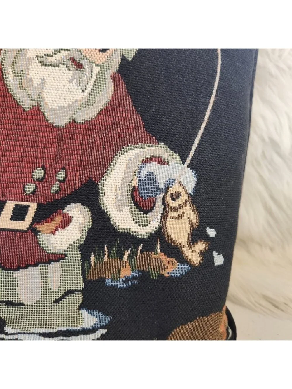 Vintage Tapestry Pillow Square Fishing Santa Claus Christmas Decor 1990s Fish
